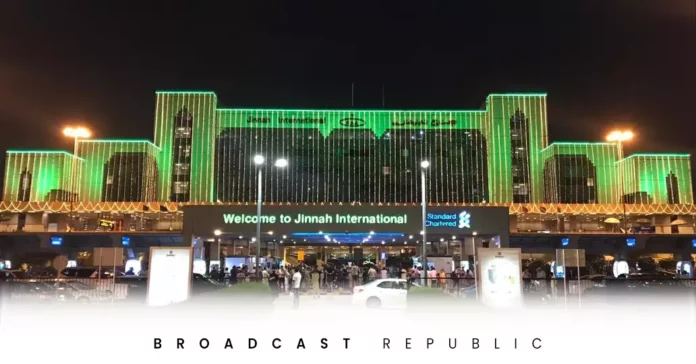 Jinnah International Airport in Karachi to celebrate Pakistan's Independence Day.